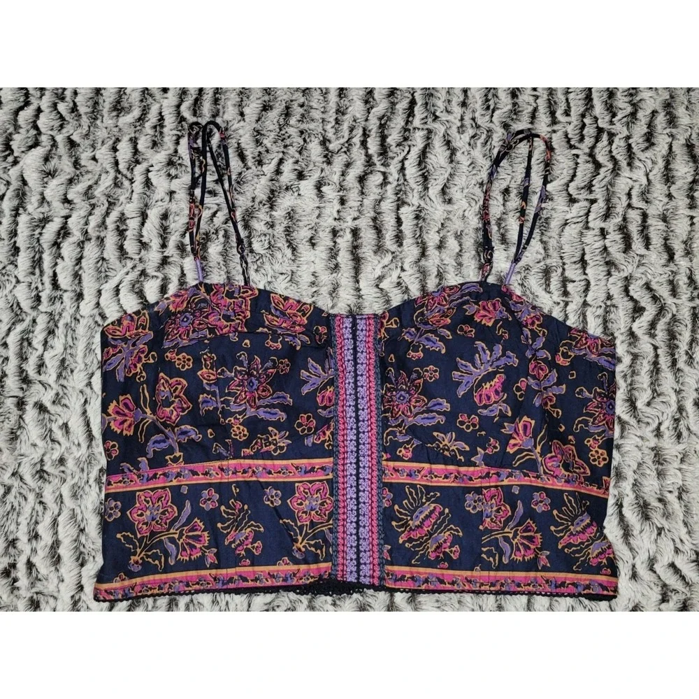 American Eagle Outfitters Smocked Crop Top Floral Print Blue Pink XL TG - Picture 1 of 8